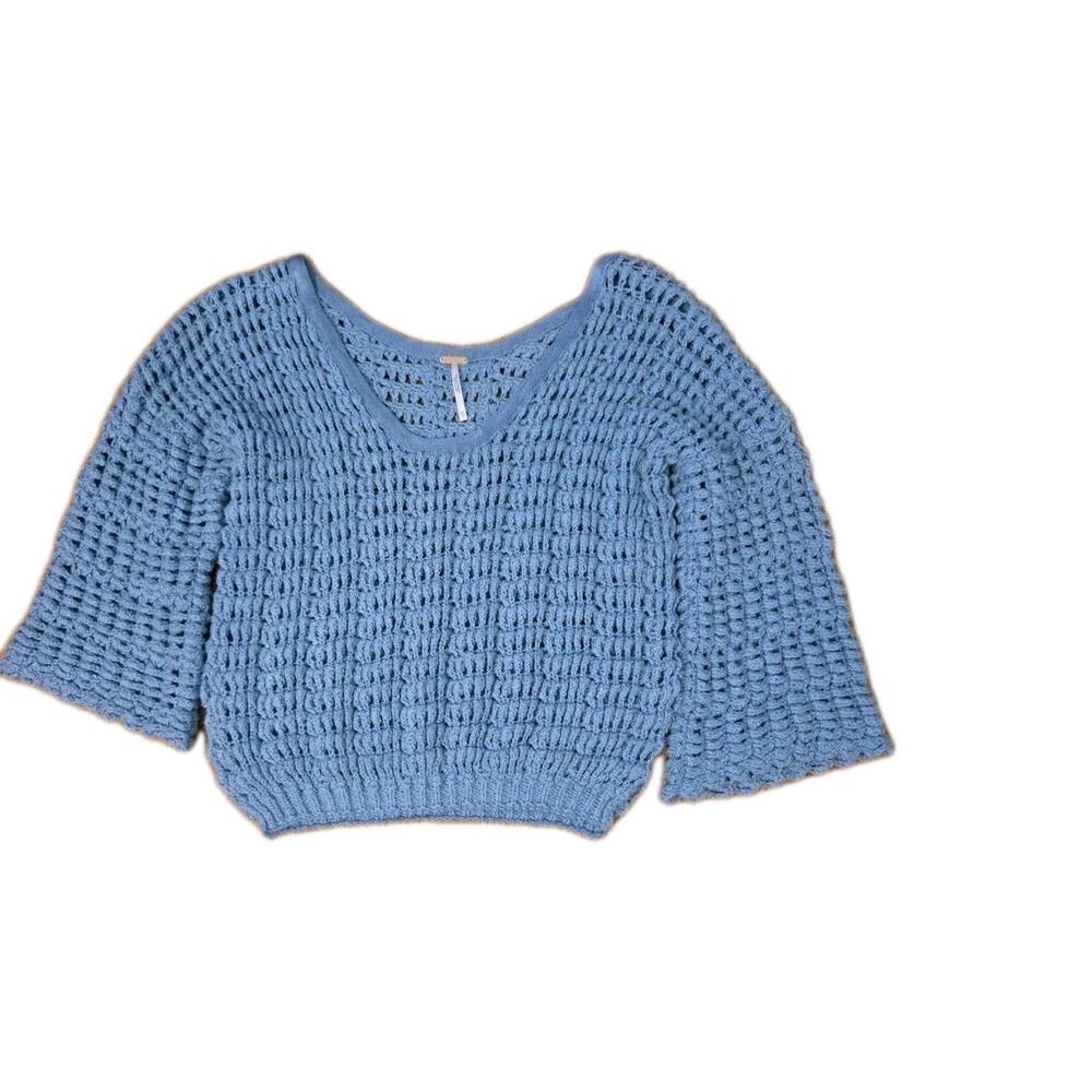 Free People XS Cozy Pullover Sweater Blue Crochet V-neck Elbow Length Sleeves